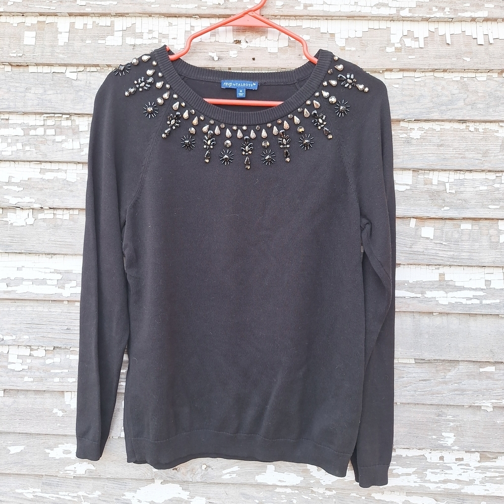 Talbots Black Jeweled Neck Sweater Size Medium